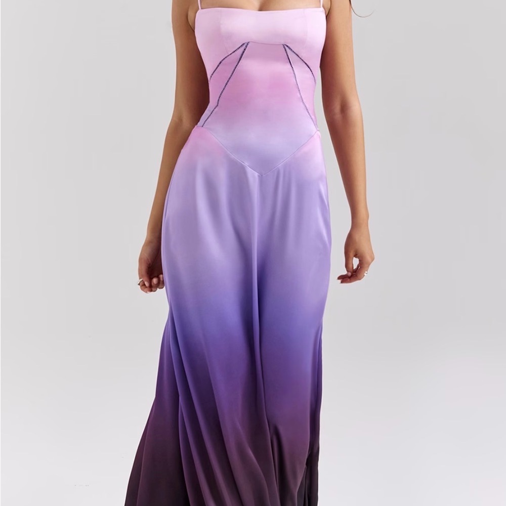 Stunning House of CB “Annabella” Pink to Purple Ombre satin Maxi Dress.